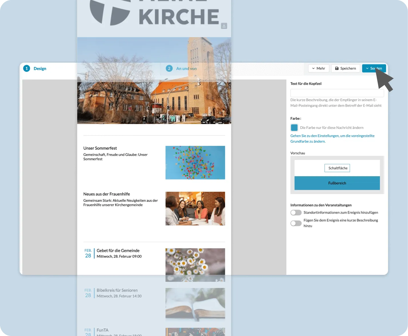 Geöffneter Newsletter-Editor mit Optionen zum Hinzufügen von Text, Bildern und anderen Inhalten sowie eine Vorschau des Newsletters.