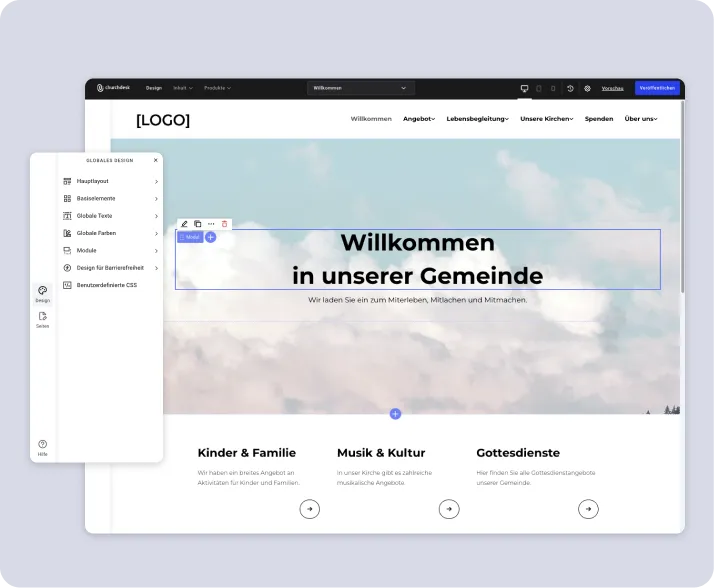 Person sitzt vor dem ChurchDesk-Webseiteneditor