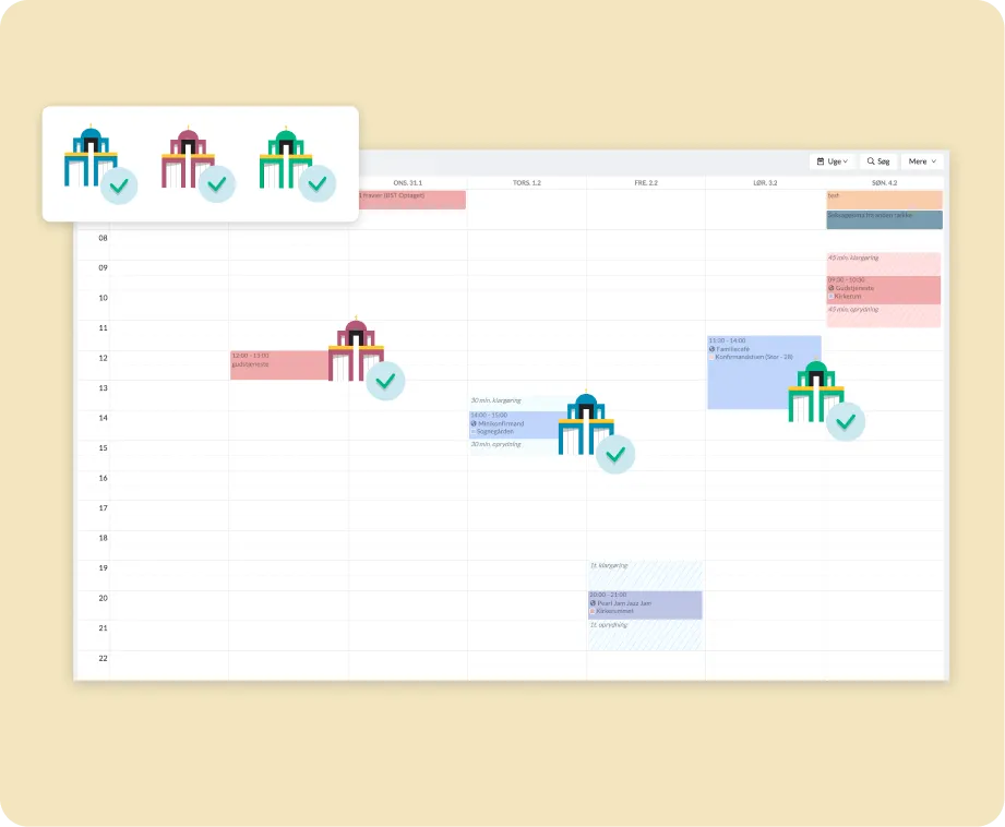 ChurchDesk kalender med flere sogne i en fælles visning