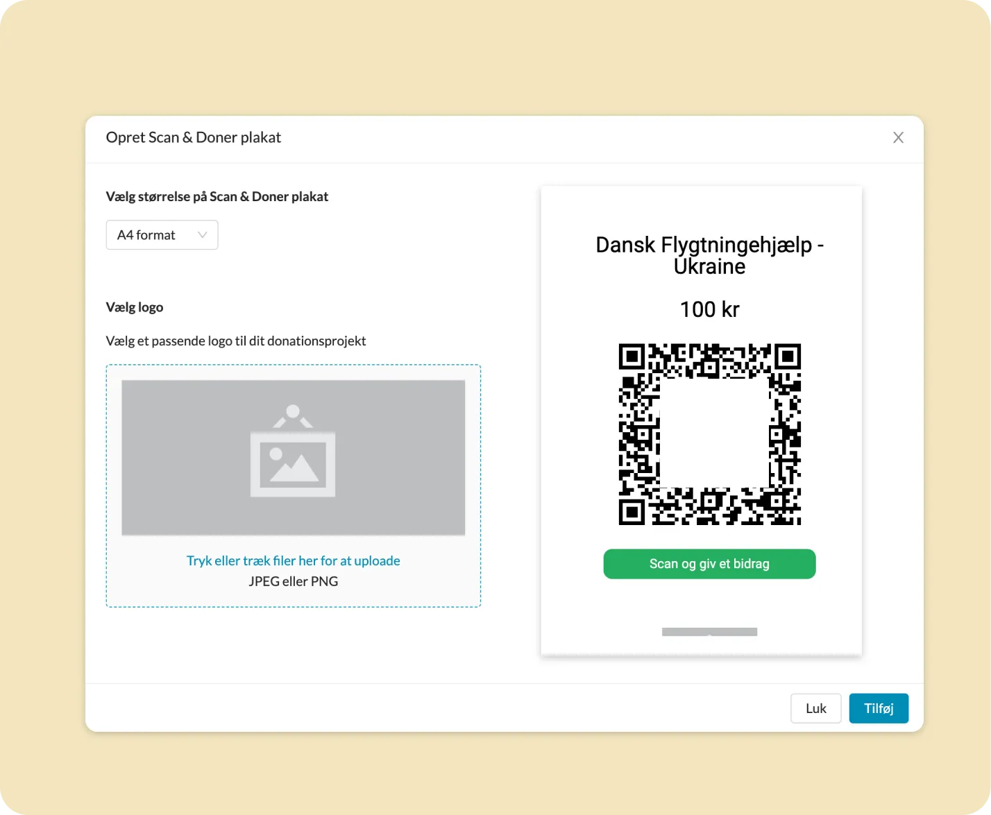 Automatisk genereret donationsplakat med QR-kode