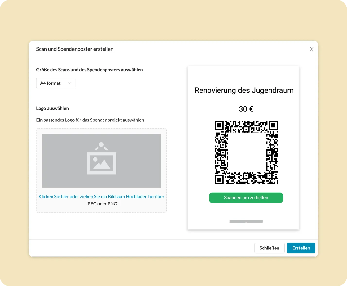 Automatisch erstelltes Spendenplakat mit QR-Code