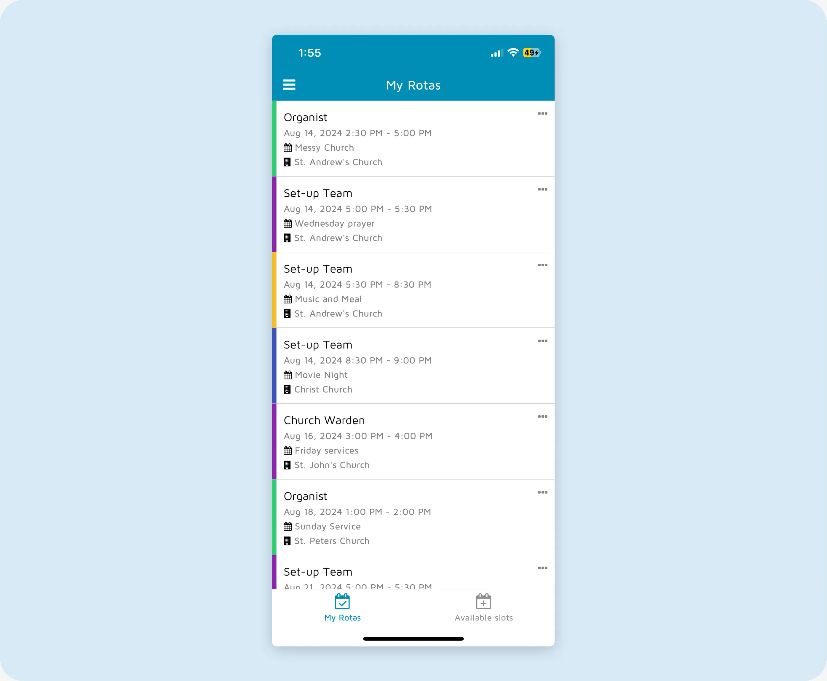 Overview of upcoming rotas in the ChurchDesk mobile app