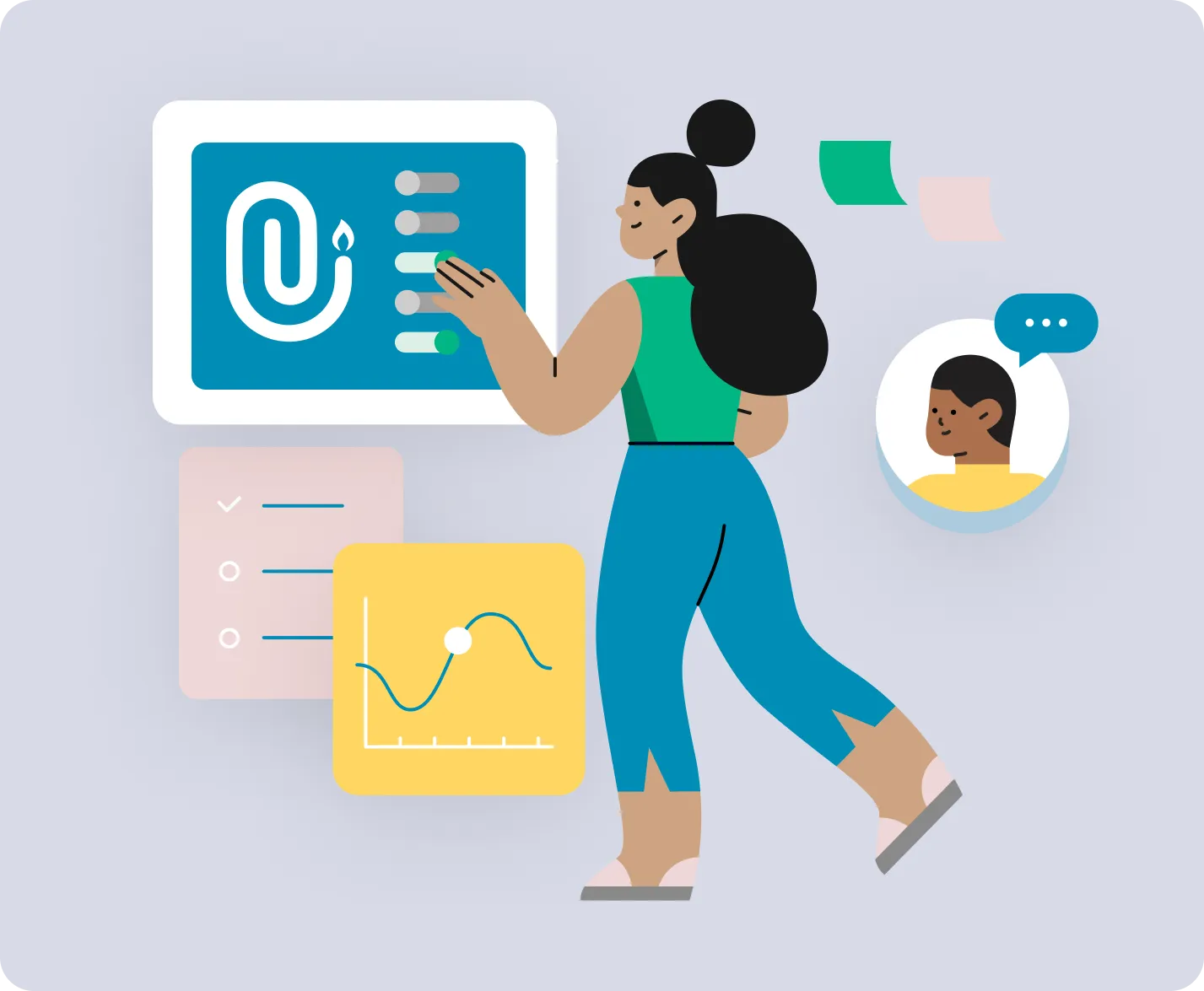 Illustration einer Person, die die ChurchDesk Plattform-Module bedient