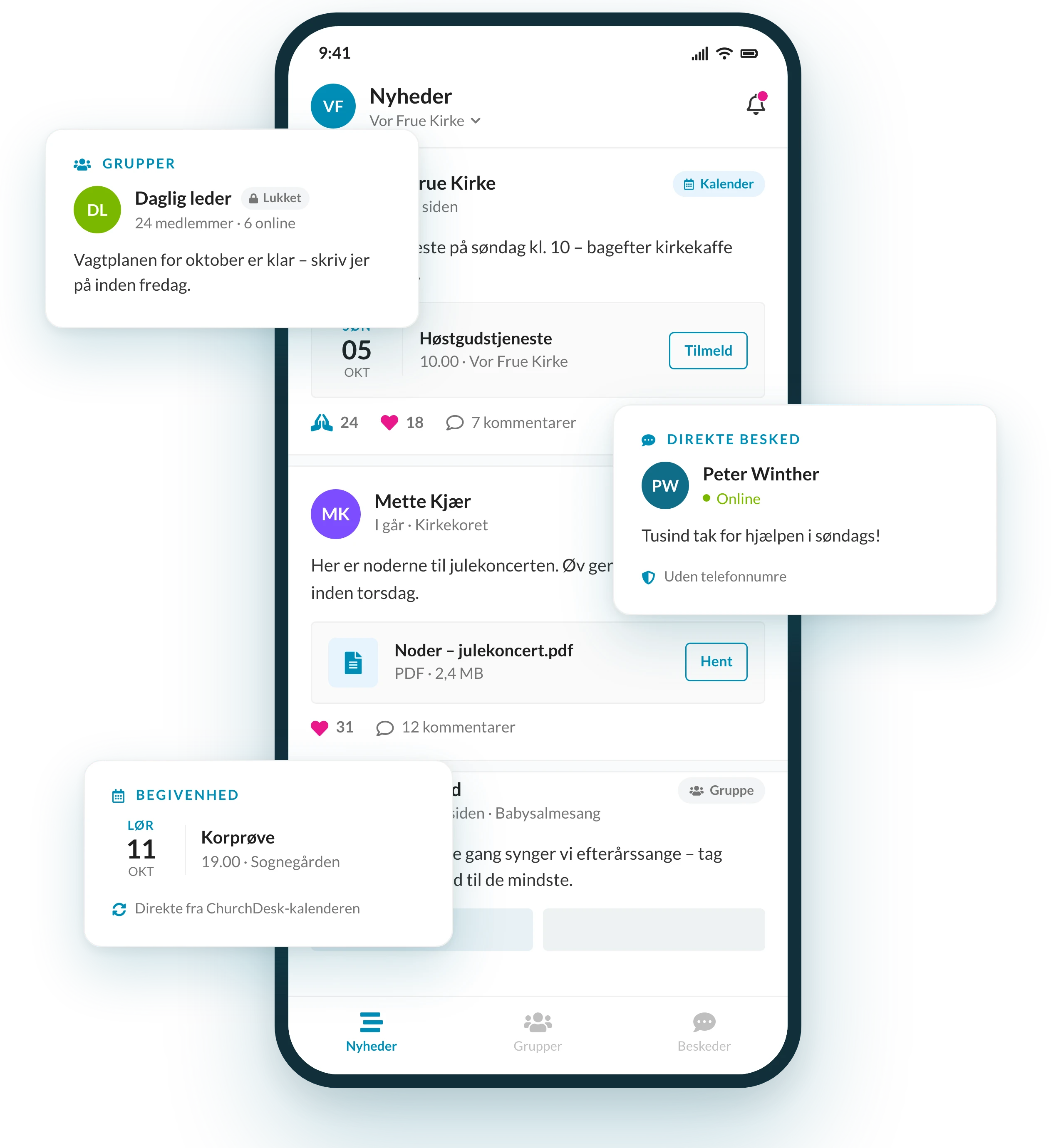 ChurchDesk Circles på en telefon: Vor Frue Kirkes nyhedsfeed, hvor kirkekoret deler noder, med en lukket gruppe, en direkte besked og en begivenhed fra kalenderen.
