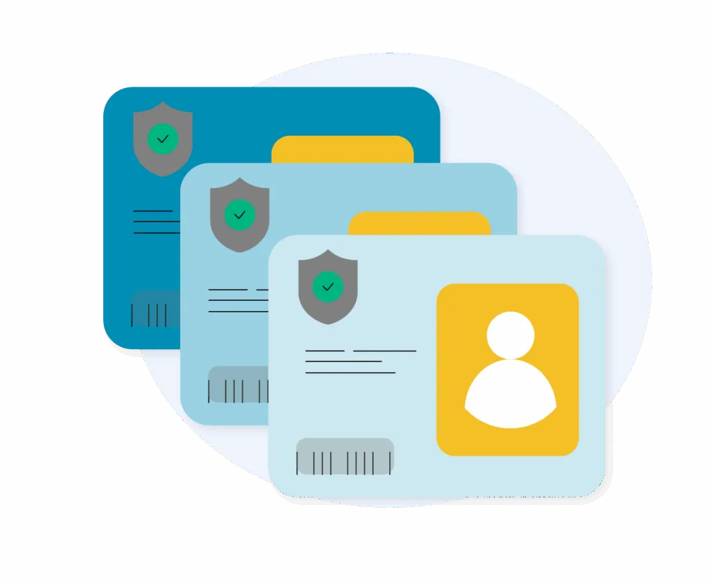 Illustration: several safeguarding documents with verification marks and personal photos