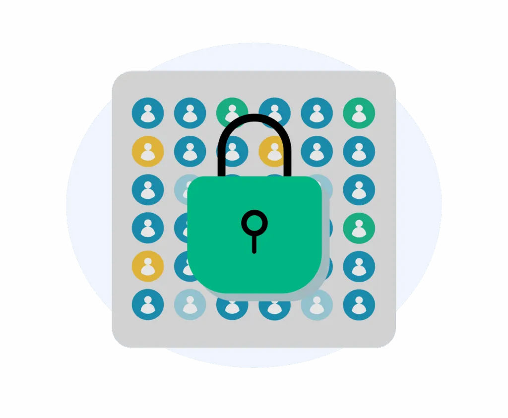 Illustration: many personal profiles, protected by a lock – a symbol of safely stored safeguarding data