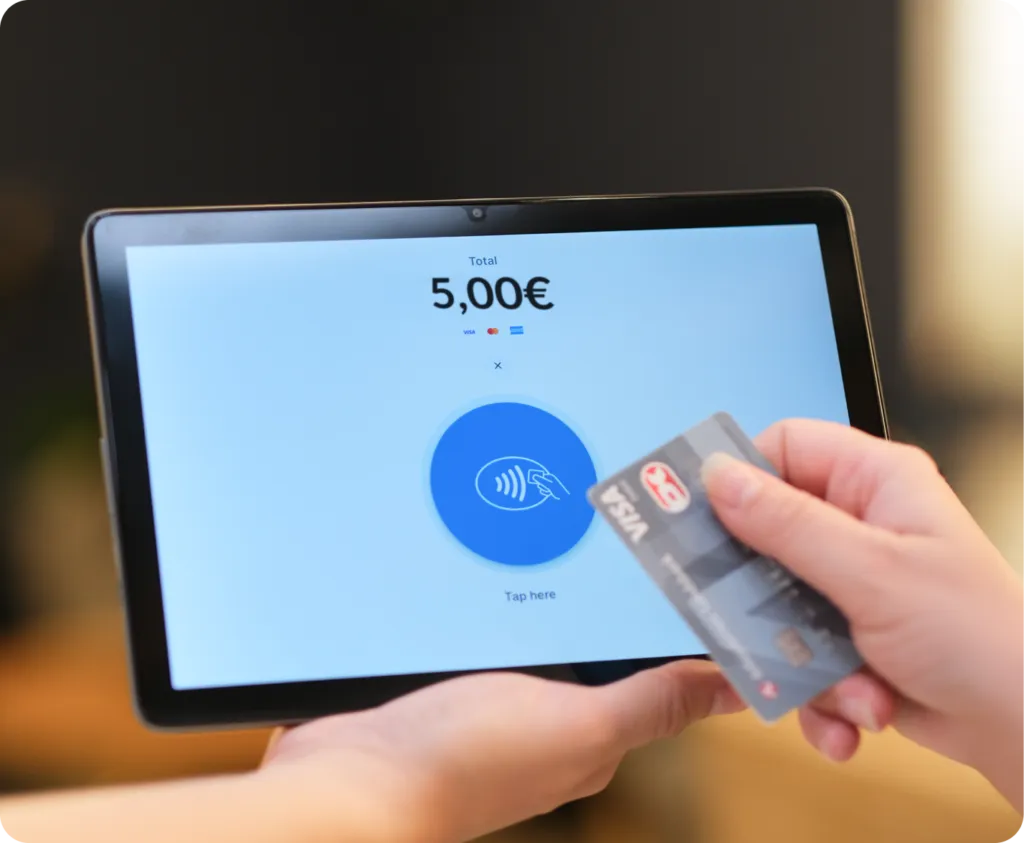 Hender holder ChurchDesk Terminal som viser 50 kr, mens et kort holdes kontaktløst mot skjermen